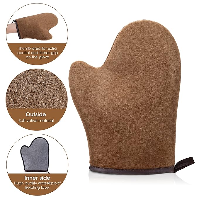WLLHYF Self Tanning Mitt Applicator kit, Lotion Applicator For Back, Face Fake Tan Mitten, Ultra Soft Streak Free Reusable Tanning Glove for Self Tan (Brown)