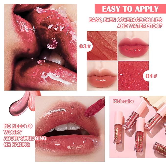 4PCS Shimmer Lip Gloss Set,Moisturizing Lip Plumping Lip Gloss Liquid Lipstick Set,Lip Stain Long Lasting Non-Stick Lip Gloss Set,High Shine Lip Glaze Lipgloss Makeup Set for Women