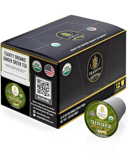 Organic Ginger Green Tea Pods for Keurig by Teavity (12 Tea Pods)