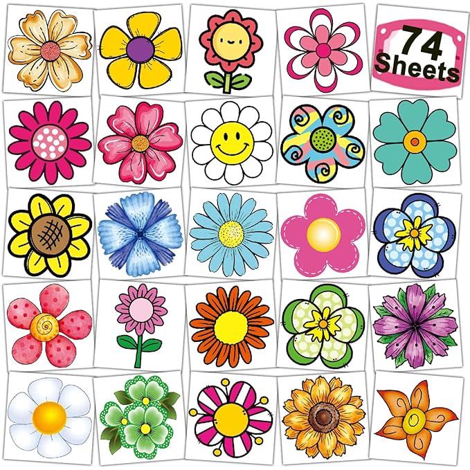 Flower Temporary Tattoos for Kids - 74 Individually Bag Fillers