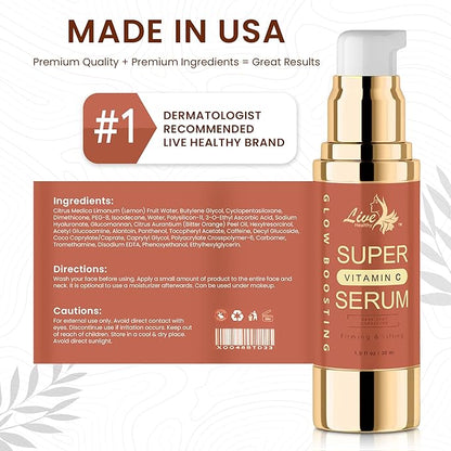 Live Healthy Super Vitamin C Serum for Women Over 70 - C Super Serum, Vitamin C, Peptides, Vitamin E - Rapid Anti Aging, Lifting & Firming, Anti Wrinkle & Age Spots Reduction - Made in USA | 30ml
