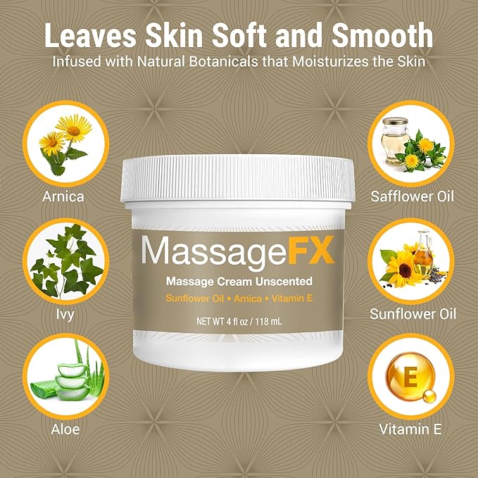 MASSAGE FX Unscented Massage Cream, 4 oz - Massage Creams for Massage Therapy - Infused with Arnica, Sunflower, & Vitamin E