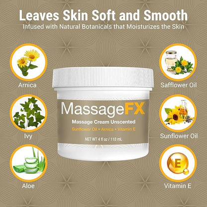 MASSAGE FX Unscented Massage Cream, 4 oz - Massage Creams for Massage Therapy - Infused with Arnica, Sunflower, & Vitamin E