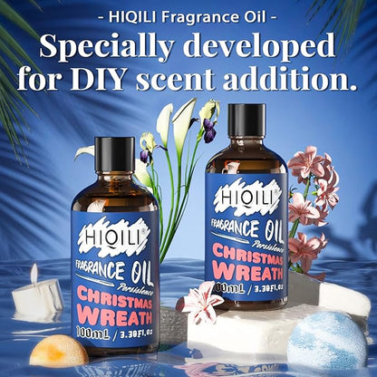 HIQILI Christmas Wreath Essential Oil 100ml - Pure Fragrance Oil for Diffuser, Aromatherapy, DIY Candle Soap Perfume Lotion Making, 3.38 Fl Oz
