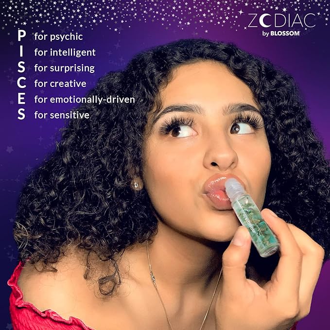 Blossom Zodiac Sign Vanilla Scented Moisturizing Roll-On Lip Gloss with Crystals, Made in USA, 0.20 fl. oz./5.9ml, Pisces
