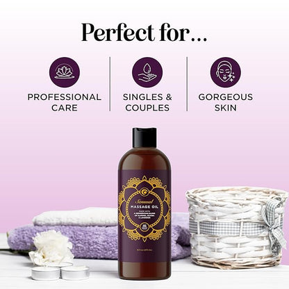 Aromatherapy Sensual Massage Oil for Couples - Relaxing Lavender Massaging Oil for Massage Therapy with Vitamin E Jojoba & Sweet Almond - Naturally Scented Vegan Non GMO & Gluten Free (16 Fl Oz)