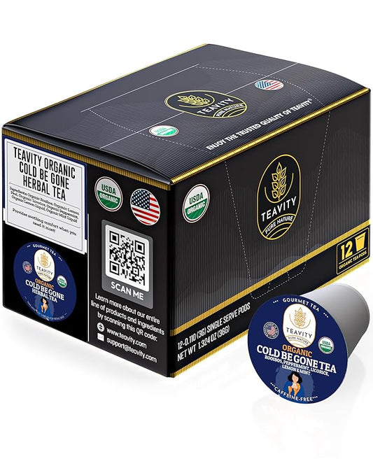 Organic Rooibos Tea Pods for Keurig with Lemon, Mint, Licorice - Unsweetened Decaf Tea for K Cup Brewing - Cold Be Gone by Teavity (12 Tea Pods)