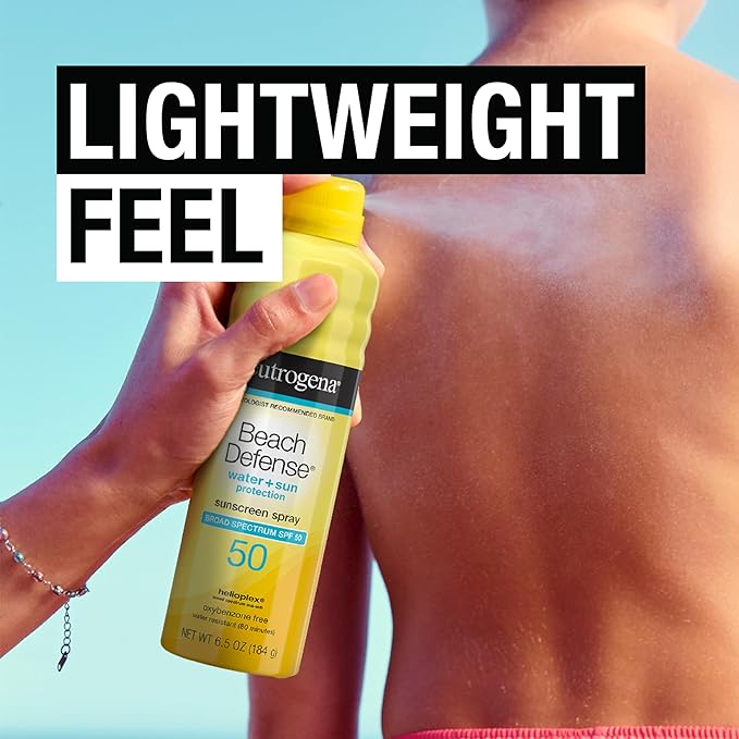 Neutrogena Beach Defense Body Spray Sunscreen with Broad Spectrum SPF 50, Shields Against UVA and UVB Rays, Water Resistant and Oil Free Sun Protection, Oxybenzone Free and Fast Drying, 6.5 OZ