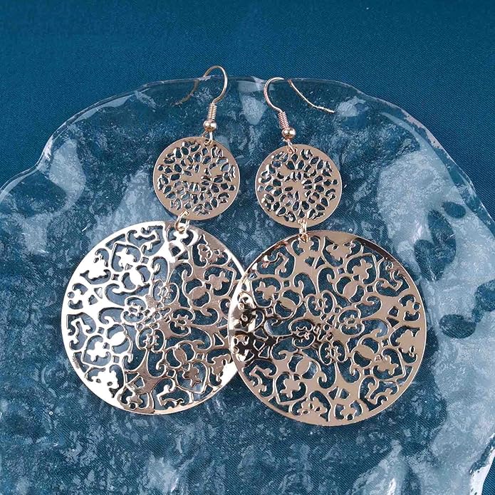 Filigree Hollow Disc Dangle Drop Earrings Boho Gold