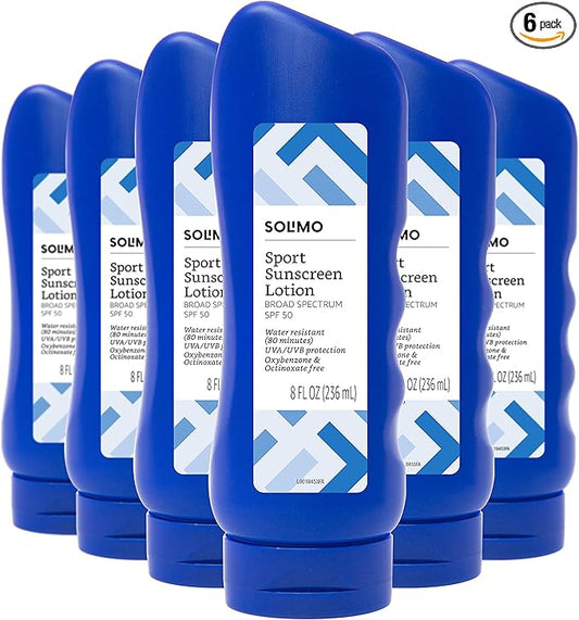 Amazon Brand - Solimo Sport Sunscreen Lotion, SPF 50, Formulated without Octinoxate & Oxybenzone, Broad Spectrum UVA/UVB Protection, Unscented, 8 fl oz (Pack of 6)