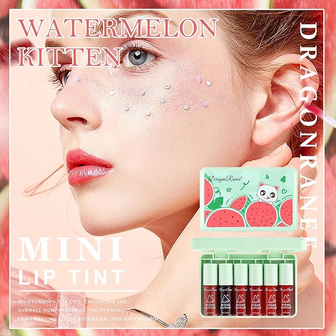 Sulily 6 Colors Lip Gloss,korean Waterproof Lip Tint Stain Moisturizing Natural Mini Liquid Lipstick,Multi-use Lip and Cheek Tint,Non-Stick Cup, High Pigment Long-Lasting lip stain,Watermelon