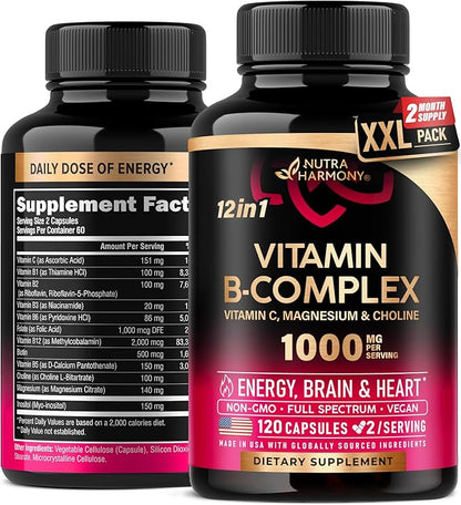 Vitamin B Complex for Men & Women - Made in USA - B-Complex: B1, B2, B3, B5, B6, B7, B8, B9, B12 with Vitamin C, Choline, Inositol - Energy, Brain & Heart Support Supplement, 120 Vegan Capsules