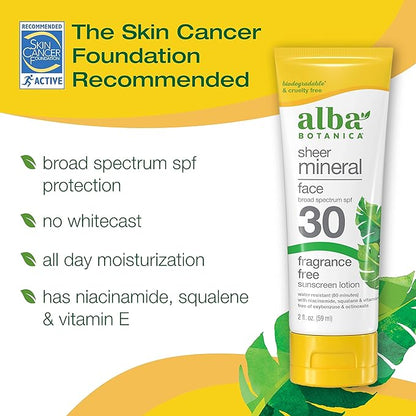Alba Botanica Sunscreen for Face, Fragrance-Free Sheer Mineral Face Sunscreen Lotion, Broad Spectrum SPF 30, Water Resistant and Biodegradable, 2 fl. oz. Bottle