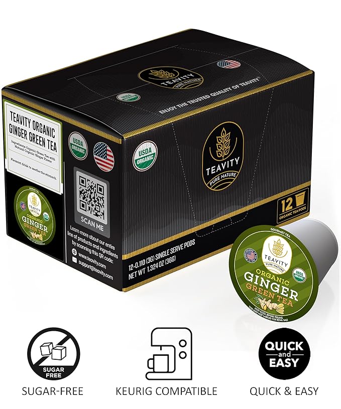 Organic Ginger Green Tea Pods for Keurig by Teavity (36 Tea Pods)