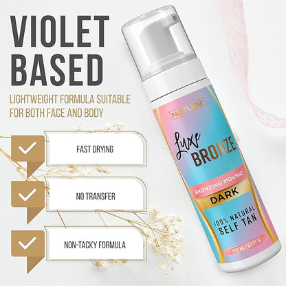 Self Tanner Dark Mousse - Fast-Acting, Anti-Cellulite, Natural Glow, Enriched with Aloe Vera & Coconut, Streak-Free & Trusted Tan, No Fake Tan Smell, Vegan & Cruelty-Free Self Tanning, 6.7 Fl Oz