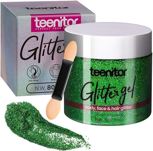 Teenitor Green Body Glitter Gel, Face Glitter Makeup, Body Hair 80g
