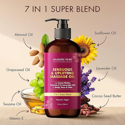 Majestic Pure Cocoa Massage Oil with Cocoa Butter, Vitamin E & Lavender Oil | Invigorating, Refreshing, and Relaxing |for All Skin Types - Men and Women | 8 Fl Oz