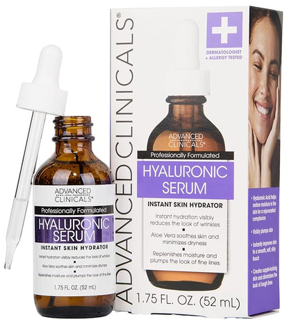 Advanced Clinicals Hyaluronic Acid Serum For Face | Moisturizing Facial Skin Care Products | Hydrating Serum For Face Helps Improve Look Of Wrinkles, Fine Lines, & Uneven Dry Skin Texture, 1.75 Fl Oz