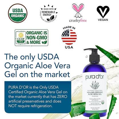 PURA D'OR 16 Oz ORGANIC Aloe Vera Gel - Unscented - All Natural - ZERO Artificial Preservatives - Deeply Hydrating & Moisturizing - Sunburn, Bug Bites, Rashes, Small Cuts, Eczema Relief - Skin & Hair