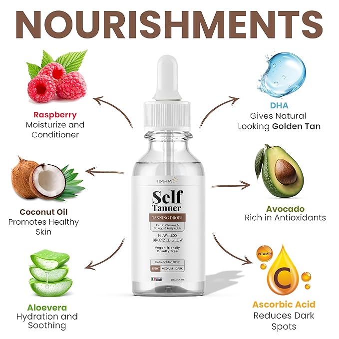 Team Tan Self Tanning Drops - Fully Customizable Body and Face Tanning Drops, Active Skincare Ingredients Enriched Self Tanner Kit for Fake Tan, No Streaks or Nasty Smell (Light)