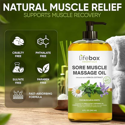 Arnica Sore Muscle Massage Oil – 100% Pure & Natural - Massage Therapy for Muscles & Joints – Body Oil Infused with Arnica Extract, Lavender Oil, Peppermint Oil & Chamomile Oil – 8 FL OZ