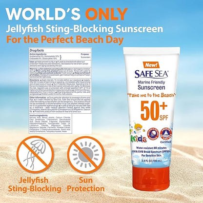 Safe Sea SPF50+ Kids Sunscreen | Travel Size 3.4 oz. | For sensitive skin | anti-jellyfish and Sea Lice sting protective lotion | Coral reef safe sunscreen