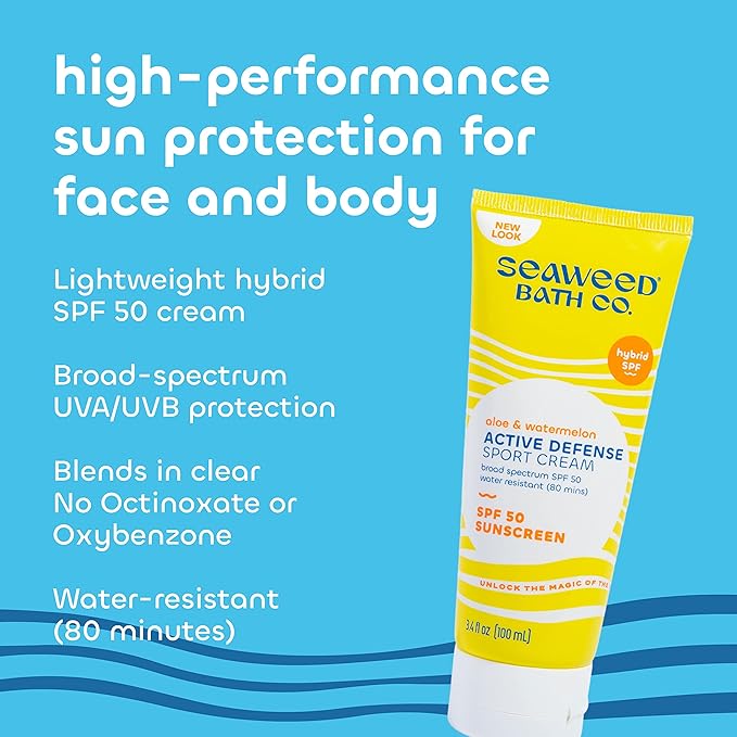 Seaweed Bath Co. Active Defense SPF 50 Sport Broad Spectrum Hybrid Sunscreen Cream, 3.4 Ounce (Pack of 2), Sustainably Harvested Seaweed, Aloe, Watermelon