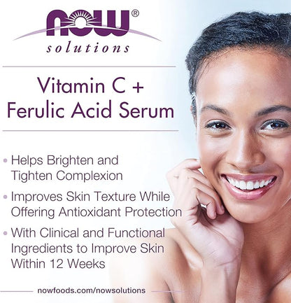 NOW Foods Solutions, Vitamin C Serum Plus Ferulic Acid, Skin Brightening and Tightening, Highly Concentrated, 1-Ounce
