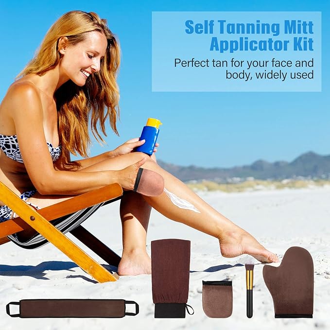 5 Pieces Self Tanning Mitt Applicator Kit, Includes Exfoliating Glove, Tanning Mitt, Mini Face Mitt, Back Lotion Applicator with Self Tanner Brush Large Flat Top Makeup Brush (Brown)