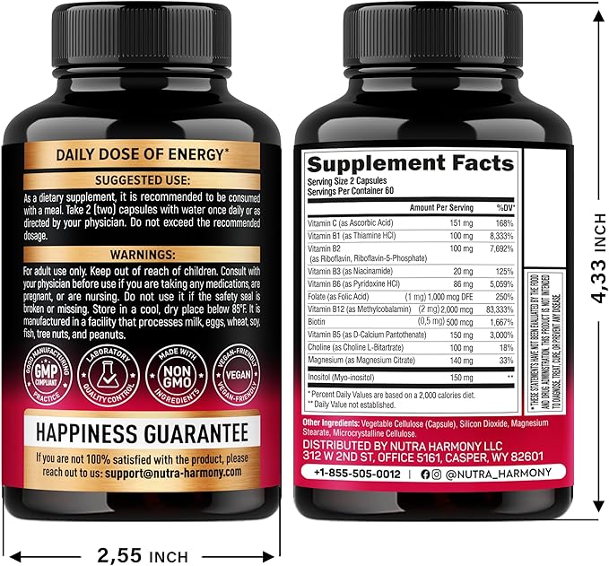 Vitamin B Complex for Men & Women - Made in USA - B-Complex: B1, B2, B3, B5, B6, B7, B8, B9, B12 with Vitamin C, Choline, Inositol - Energy, Brain & Heart Support Supplement, 120 Vegan Capsules