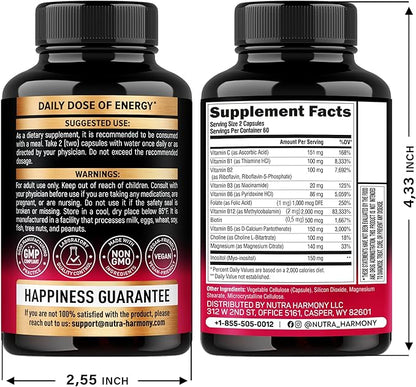 Vitamin B Complex for Men & Women - Made in USA - B-Complex: B1, B2, B3, B5, B6, B7, B8, B9, B12 with Vitamin C, Choline, Inositol - Energy, Brain & Heart Support Supplement, 120 Vegan Capsules