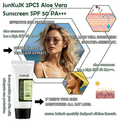2PCS Aloe Vera Sunscreen SPF 50 PA+++,Moisturizing Long Lasting Non-Greasy Aloe Vera Sun Cream for Face & Body