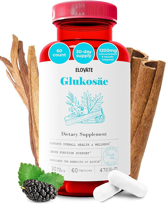 Elovate Glukosae Capsules, 1310mg - All-Natural, 3rd-Party-Tested, Non-GMO & Gluten-Free Complex with Guggul Extract, Biotin, Ceylon Cinnamon, & Ashwagandha for Overall Vitality, 60 Counts
