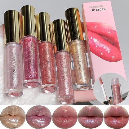 5 Colors Shimmery Glitter Lip Gloss Liquid Lipstick Set, Plumping Hydrating Lip Glow Oil, High Shine Sparkling Color Lipstick Makeup
