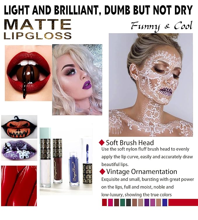 Halloween Dark Matte Liquid Lipstick for Women, Long Lasting Waterproof Lip Gloss, Face Body Painting, Vivid Vampire Lip Stain for Masquerade, Party Goth Makeup, Cosplay (#07 Chocolate)