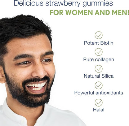 Noor Vitamins Halal Hair Vitamins Biotin, Collagen, Silica, Vitamin C & E Supports Hair, Skin & Nail Health; Natural Strawberry Gummy Vitamins. GMO, Gluten Free & a Certified Halal Vitamin (90 Count)