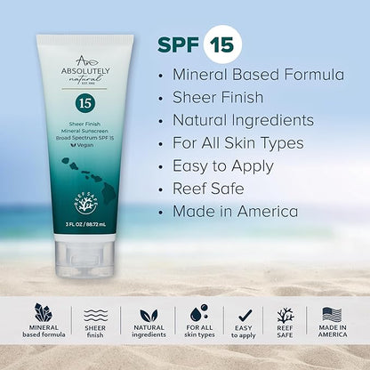 SPF 15 Mineral Sunscreen - Broad Spectrum Water Resistant Moisturizer Lotion For Body & Face - With Non-Nano Zinc Oxide, Vitamin E, & Antioxidants - Made in USA, 3 Oz
