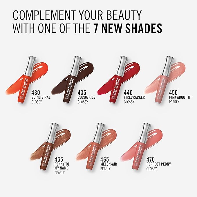 Rimmel London Stay Glossy, 455 Penny To My Name, Lip Gloss, Non-Sticky, Cruelty-Free, Color and Shine, Up To 6-Hour Wear, Precise Applicator, 0.18oz