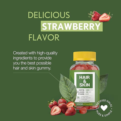 Noor Vitamins Halal Hair Vitamins Biotin, Collagen, Silica, Vitamin C & E Supports Hair, Skin & Nail Health; Natural Strawberry Gummy Vitamins. GMO, Gluten Free & a Certified Halal Vitamin (90 Count)