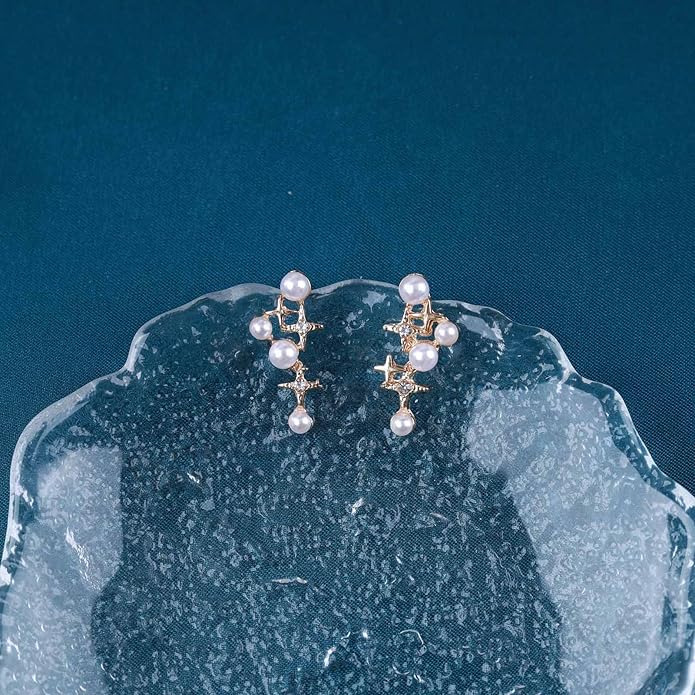 Vintage Pearl Star Earrings Rhinestone Pearl