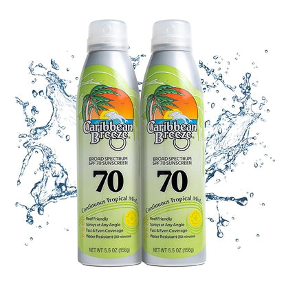 Continuous Tropical Mist Spray Sunscreen SPF 70, Reef Safe Sunscreen Spray, Up to 80 Minutes Water Resistant Sunscreen Face Spray, 5.5 Ounces, 2 Pack