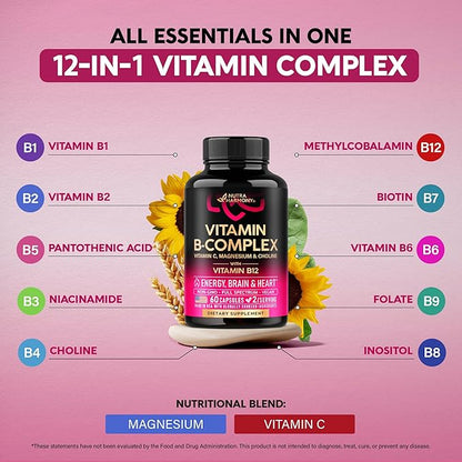 Vitamin B Complex for Men & Women - Made in USA - B-Complex: B1, B2, B3, B5, B6, B7, B8, B9, B12 with Vitamin C, Choline, Inositol - Energy, Brain & Heart Support Supplement, 60 Vegan Capsules