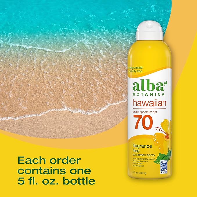 Alba Botanica Sunscreen Spray for Face and Body, Broad Spectrum SPF 70 Sunscreen, Hawaiian Coconut, Water Resistant and Biodegradable, 5 fl. oz. Bottle