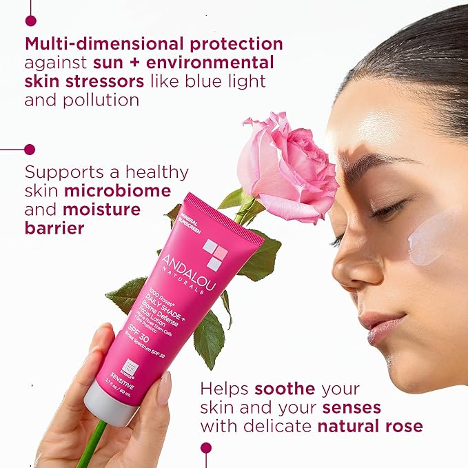 Andalou Naturals Daily Shade Face Sunscreen, 1000 Roses, SPF 30 Mineral Sunscreen with Zinc Oxide, Skin Barrier Defense + Broad Spectrum Protection, Gentle & Soothing, for Sensitive Skin - 2.7 Fl Oz