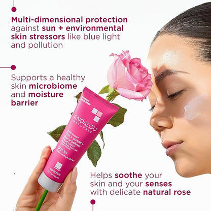 Andalou Naturals Daily Shade Face Sunscreen, 1000 Roses, SPF 30 Mineral Sunscreen with Zinc Oxide, Skin Barrier Defense + Broad Spectrum Protection, Gentle & Soothing, for Sensitive Skin - 2.7 Fl Oz