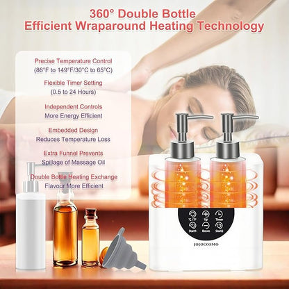 New Dual Control Massage Oil Warmer with Four Body Liquid Bottle Dispensers, Shampoo Heater Form 86 to 149 ℉, Reserve Heating time, for Salon, Home,SPA Essential Oil Lotion Warmer