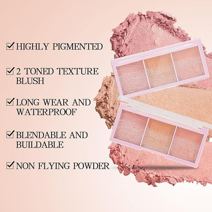 3 Colors Blush Palette，Blush Powder for Cheeks Makeup，Glitter