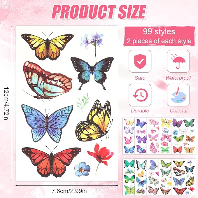 20 Sheets/198pcs Butterfly Temporary Tattoos, Butterfly Face Stickers Party Favors