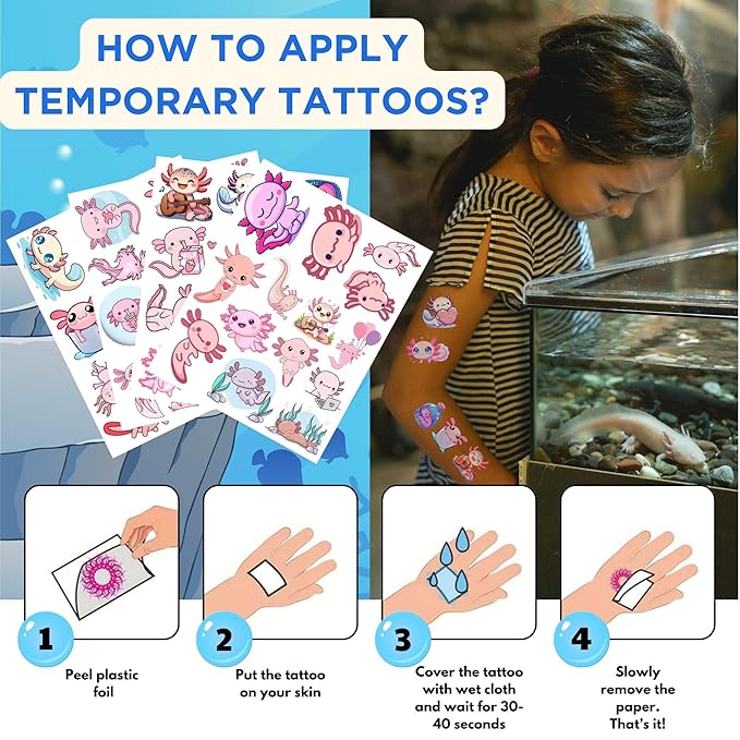 Axolotl Temporary Tattoos - Cute Animal Kawaii Axolotl Décor, Axololt