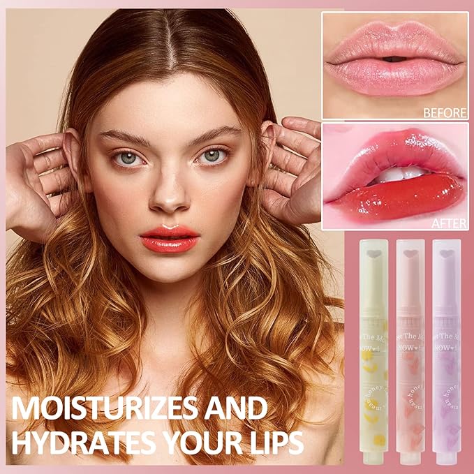 3Pcs Jelly Lipstick, Tinted Lip Gloss Heart Shape Lip Glaze, Moisturizing and Hydrating Glossy Lip Gloss Lip Balm, High-shine Finish Lip Makeup Lip Pen for Nourished, Fuller-looking Lips